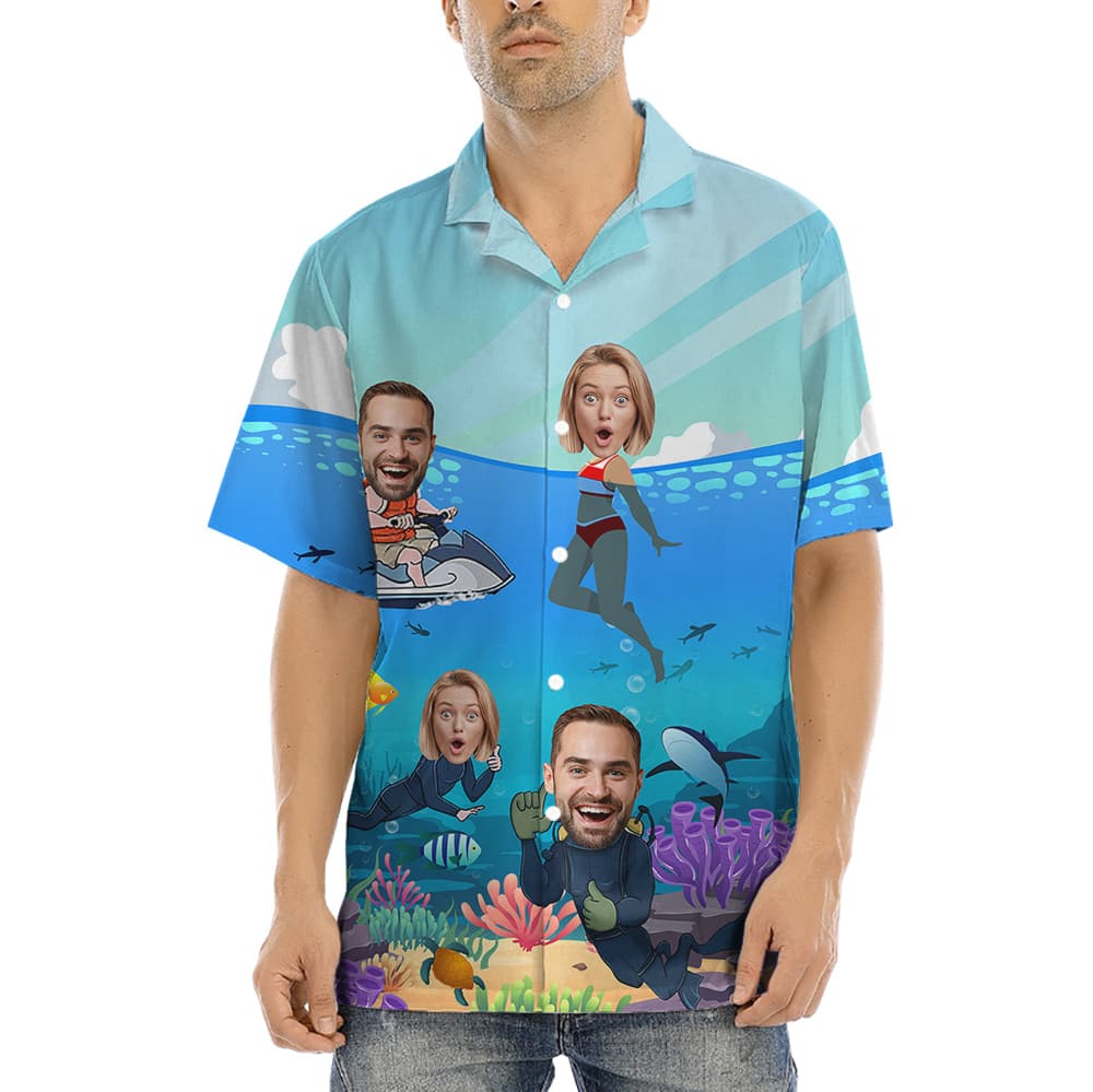 Custom Couple Faces Hula Button Up Shirts 2