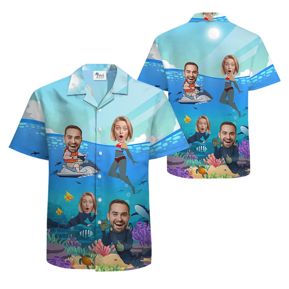 Custom Couple Faces Hula Button Up Shirts 3