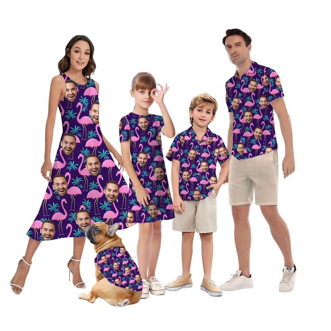 Custom Different Faces Flamingo Hawaiian Outfits há styles for everyone: men, women, kid with shirts, dresses, shorts and dog's tank top too