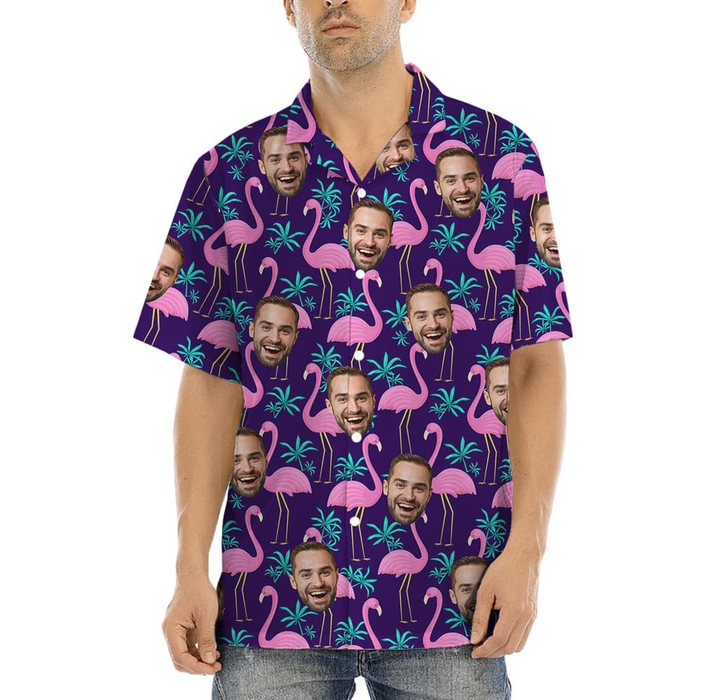 Custom Different Faces Flamingo Hawaiian Shirt has a purple tropical pattern with flamingo print and you can custom 1-5 faces all over the print