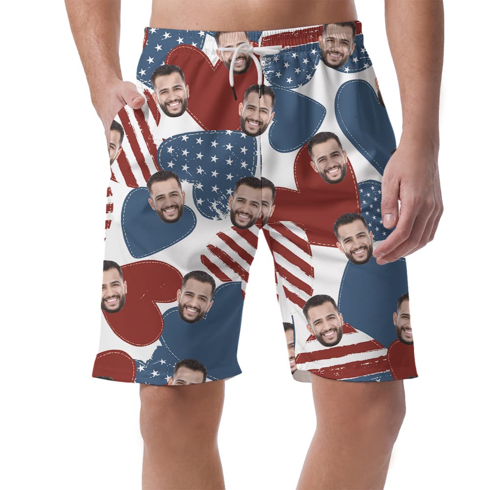 Custom Face 4th Of July American Hearts Men's Beach Shorts