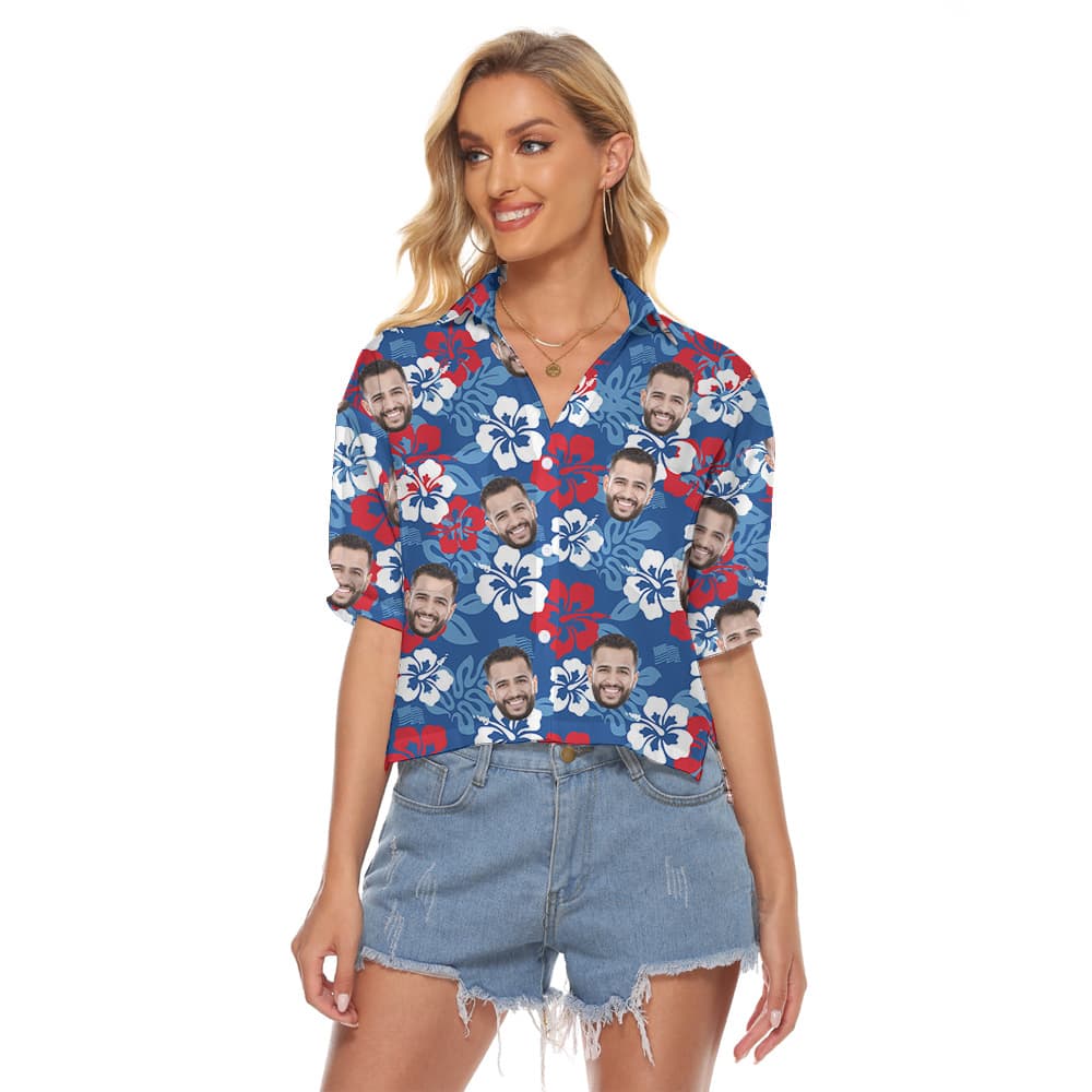 Custom Face 4th Of July Hibiscus Blue Women's Cropped Shirt