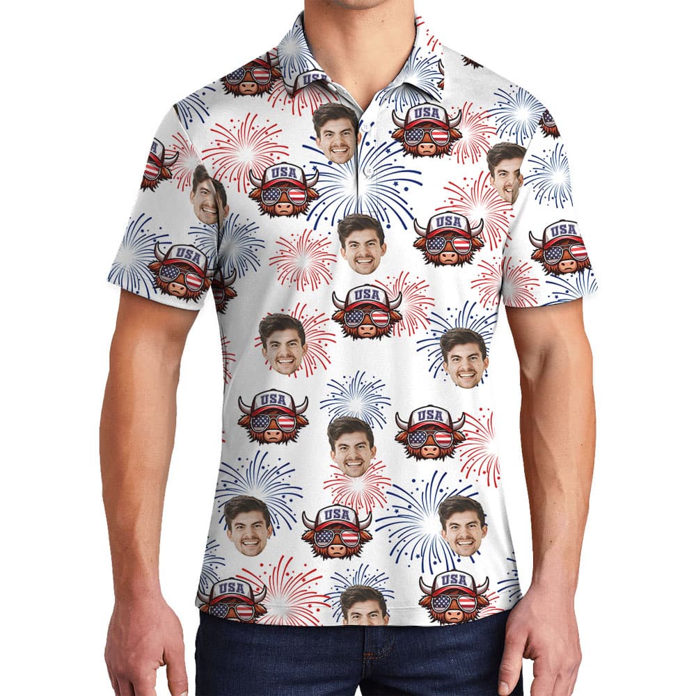 Custom Face 4th Of July Men's Polos With Cow Print1