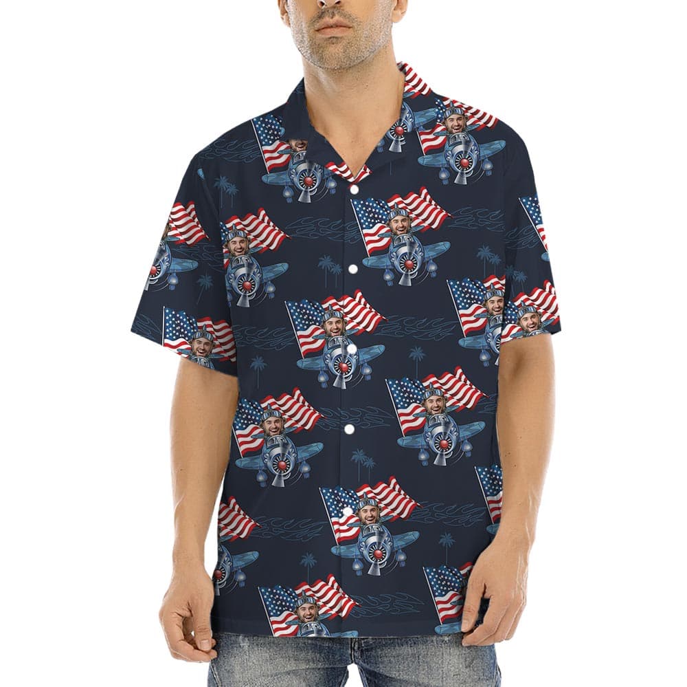 Custom Face Airplanes USA Flag Men's Button Up Shirt with navy background mixed with tropical vibe, funny custom face on the pilot driving the aircraft