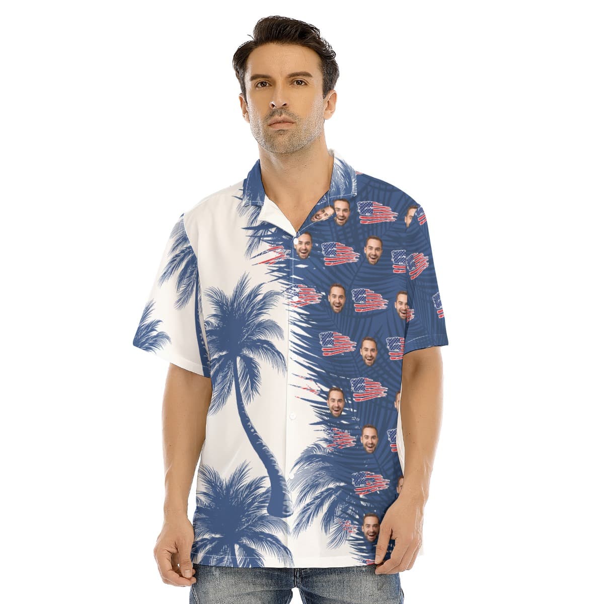 Custom Face American Flag Blue And White Palm Tree Hawaiian Shirt (2)