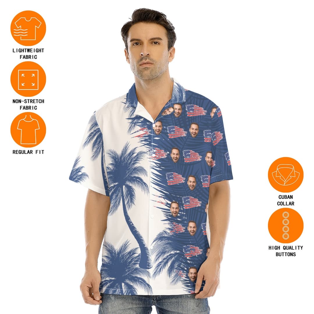 Custom Face American Flag Blue And White Palm Tree Hawaiian Shirt