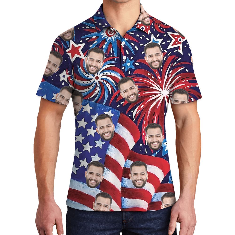 Custom Face American Flag Firework Hawaiian Polo Shirt For Men