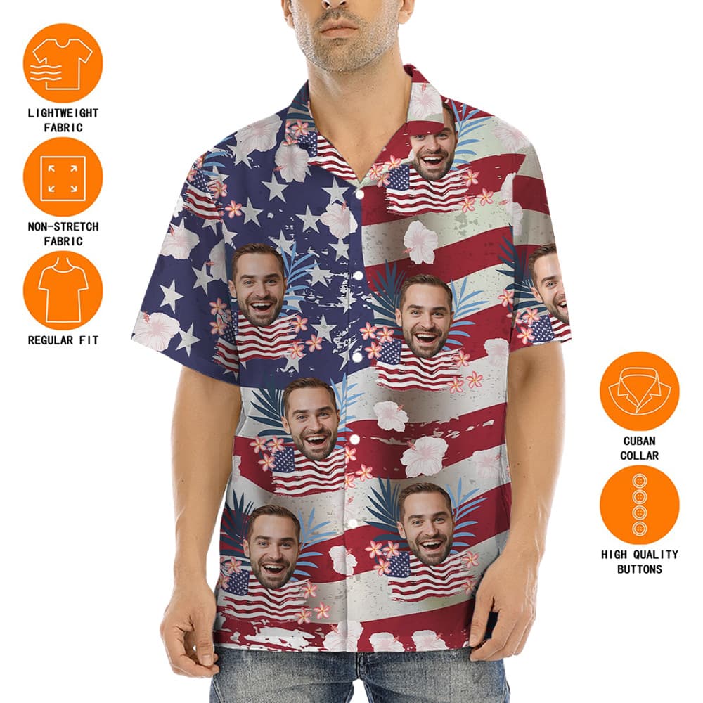 Custom Face American Flag Patriotic Hawaiian Shirt