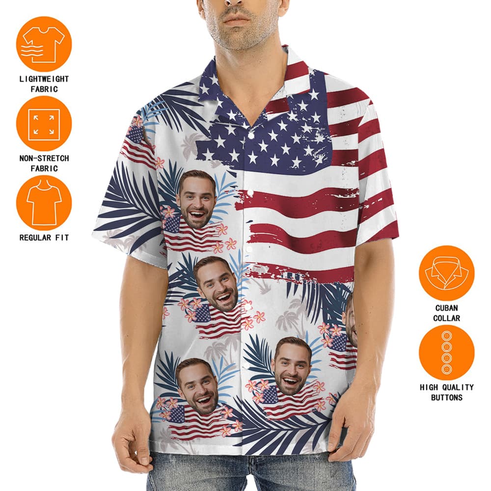Custom Face American Flag Tropical Patriotic Hawaiian Men's Shirt