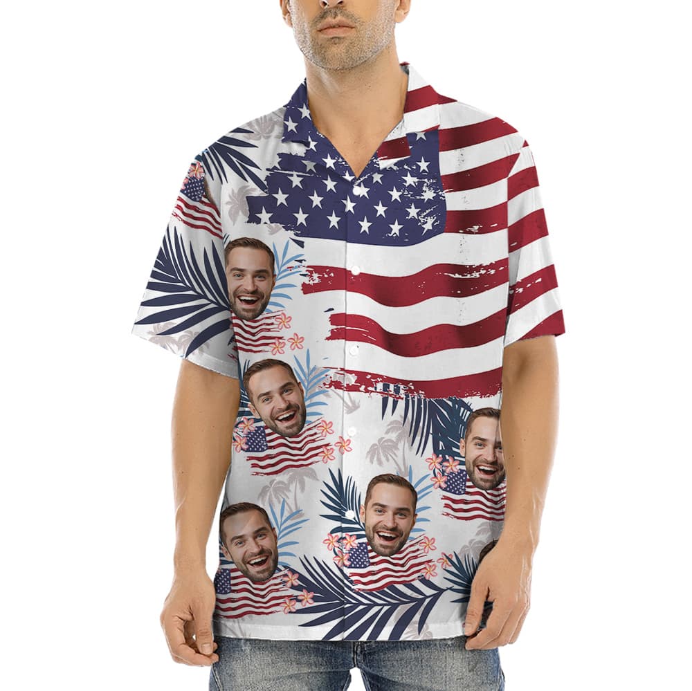 Custom Face American Flag Tropical Patriotic Hawaiian Men’s Shirt (2)