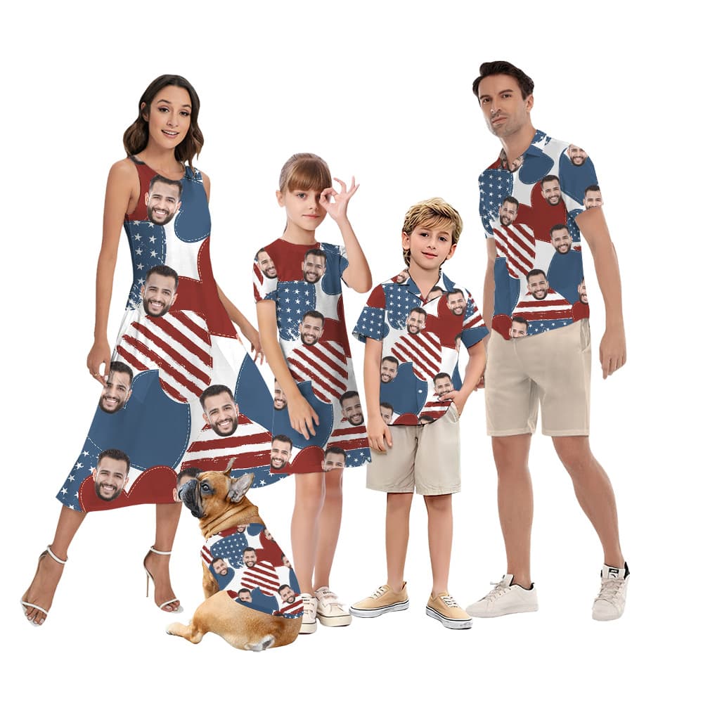 Custom Face American Hearts 4th Of July Matching Family Hawaiian Outfits