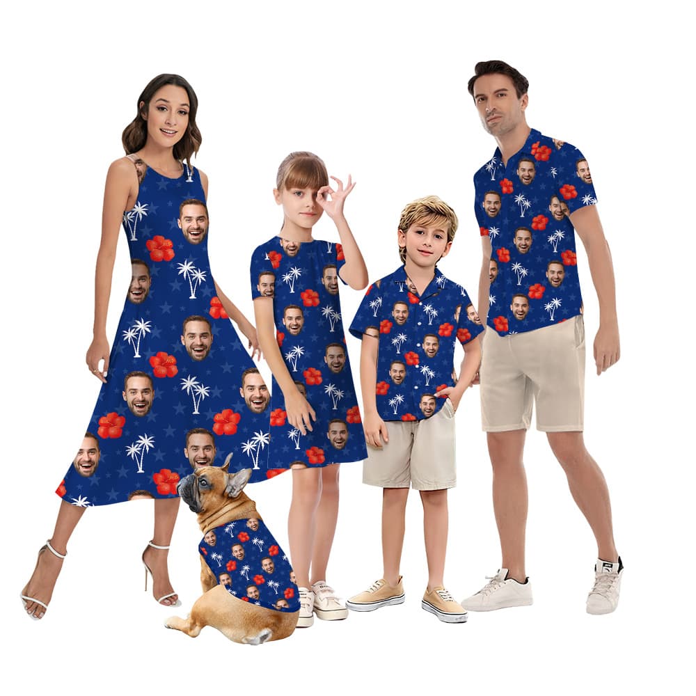 Custom Face Blue Floral Matching Family Hawaiian Outfits