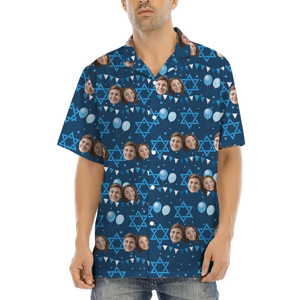 Custom Face Blue Hanukkah Hawaiian Shirt For Men