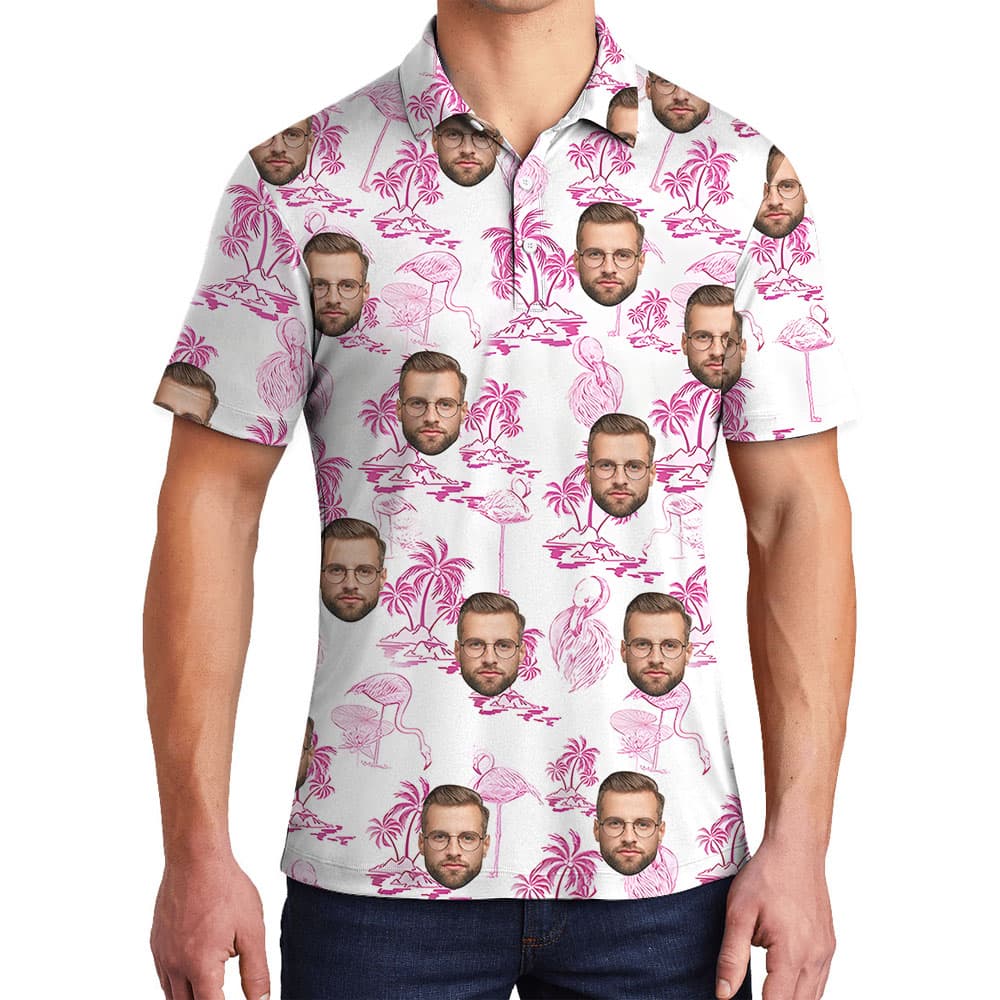 Custom Face Men's Polo Shirt With Pink Flamingo And Beach1