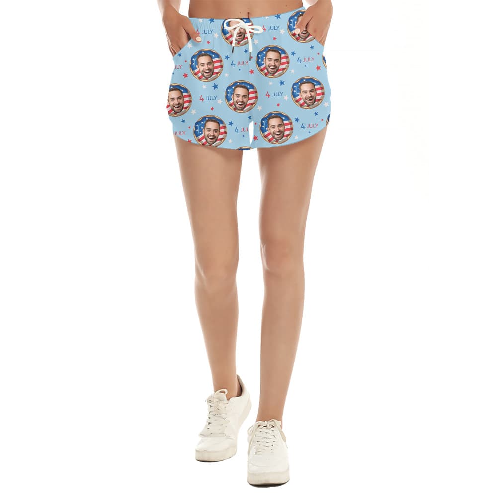Custom Face Patriotic American Flag Donut Blue Women’s Beach Shorts (1)