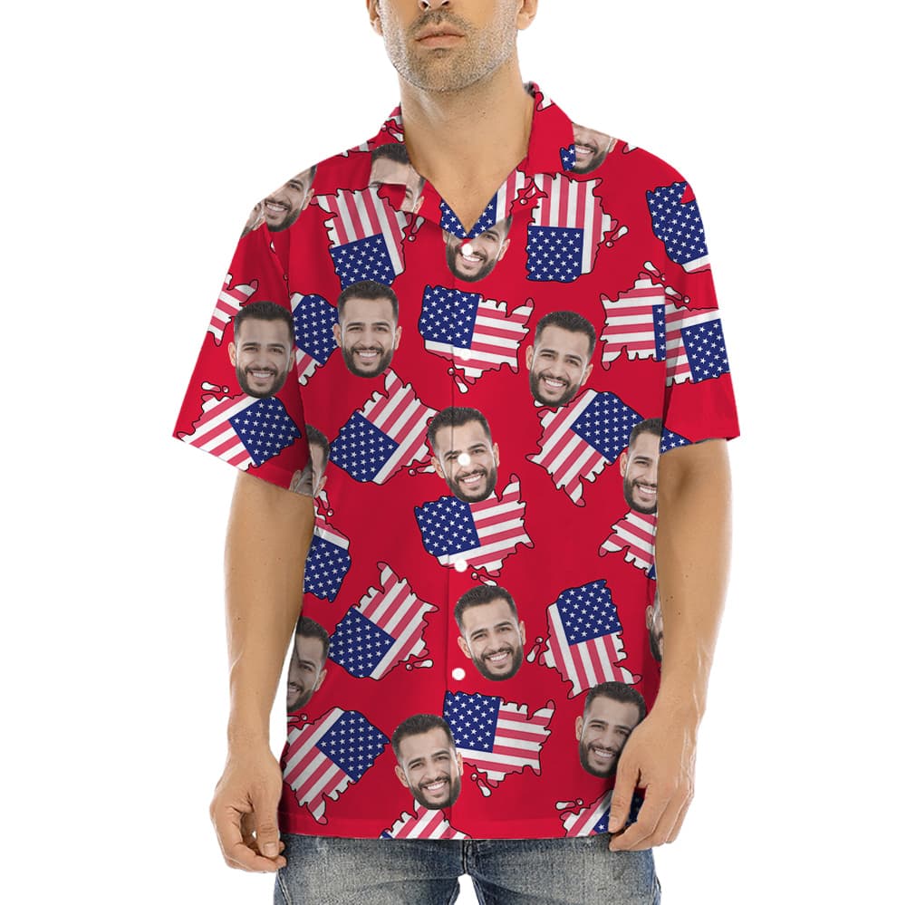 Custom Face Patriotic American Maps Red Aloha Shirt (1)