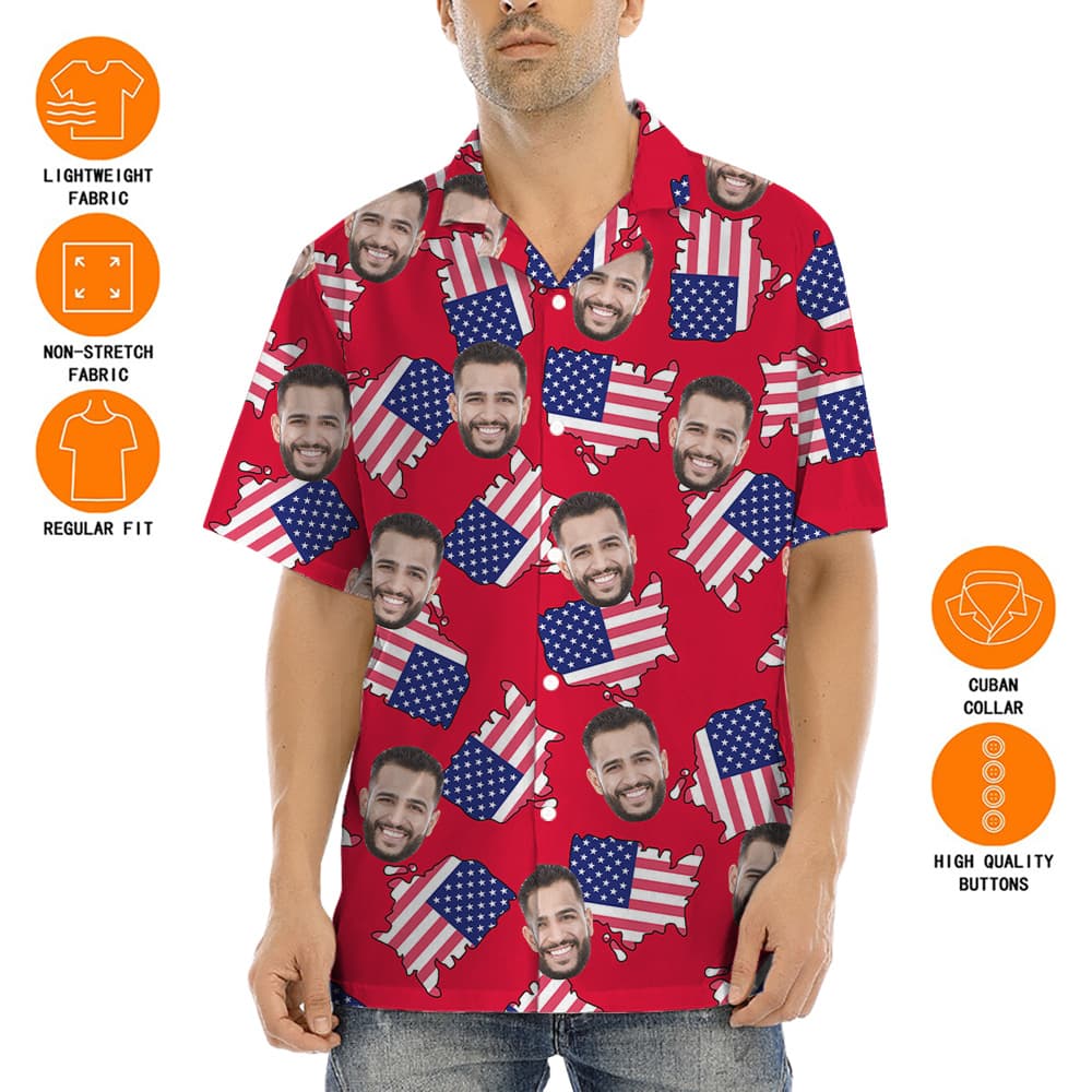 Custom Face Patriotic American Maps Red Aloha Shirt
