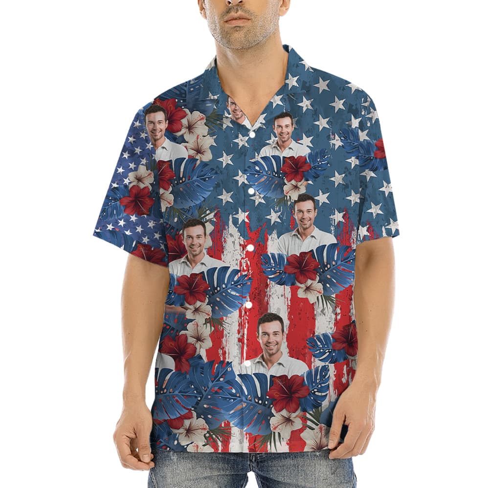 Custom Face Patriotic Hibiscus Hawaiian Shirt