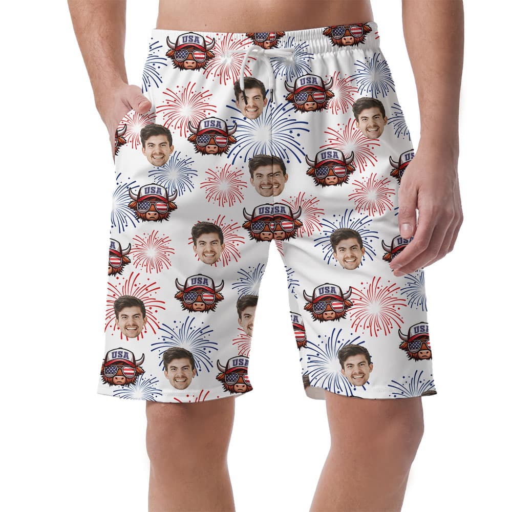 Custom Face Patriotic Men's Shorts With Cow Print3