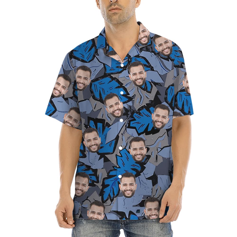 Custom Face Tropical Leave Blue Hawaiian Shirt (4)