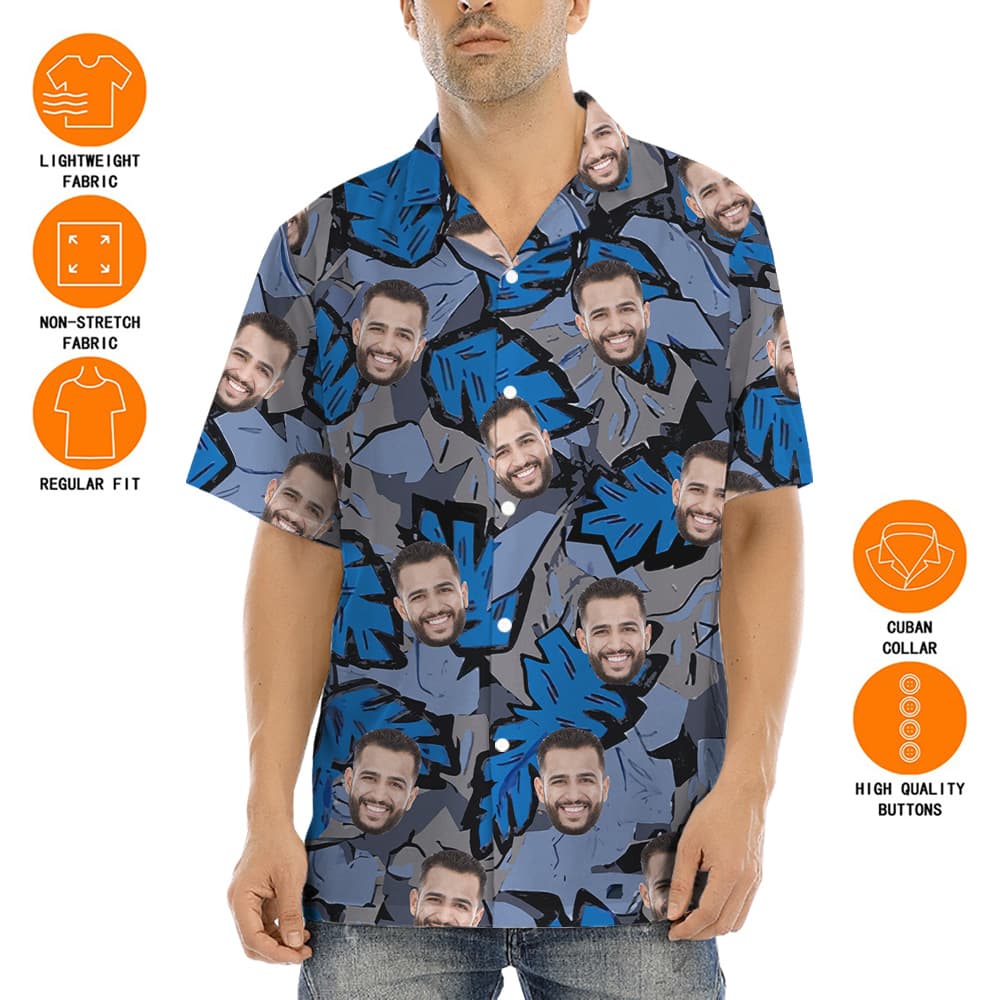Custom Face Tropical Leave Blue Hawaiian Shirt
