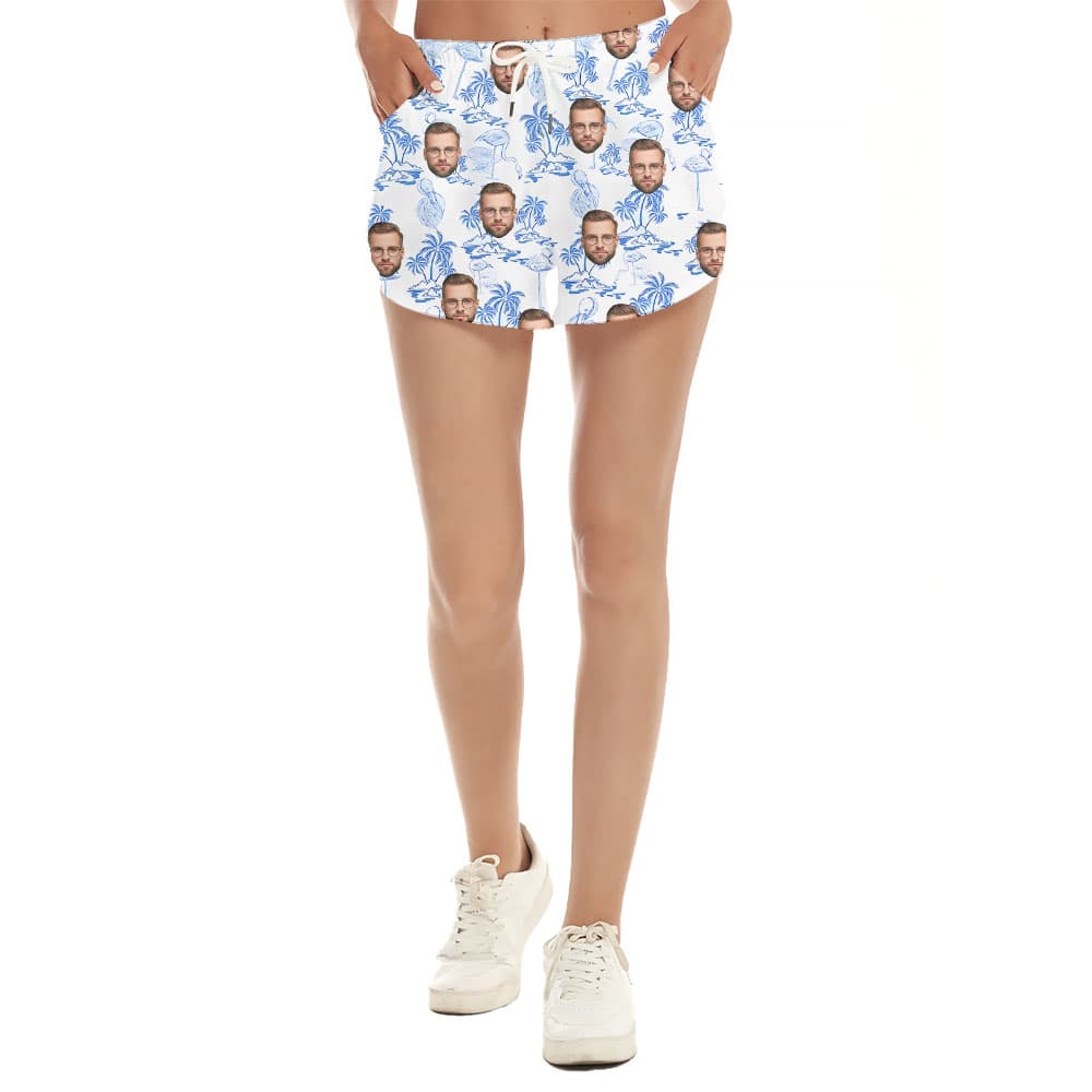 Custom Face Women Beach Shorts White And Blue Flamingo1