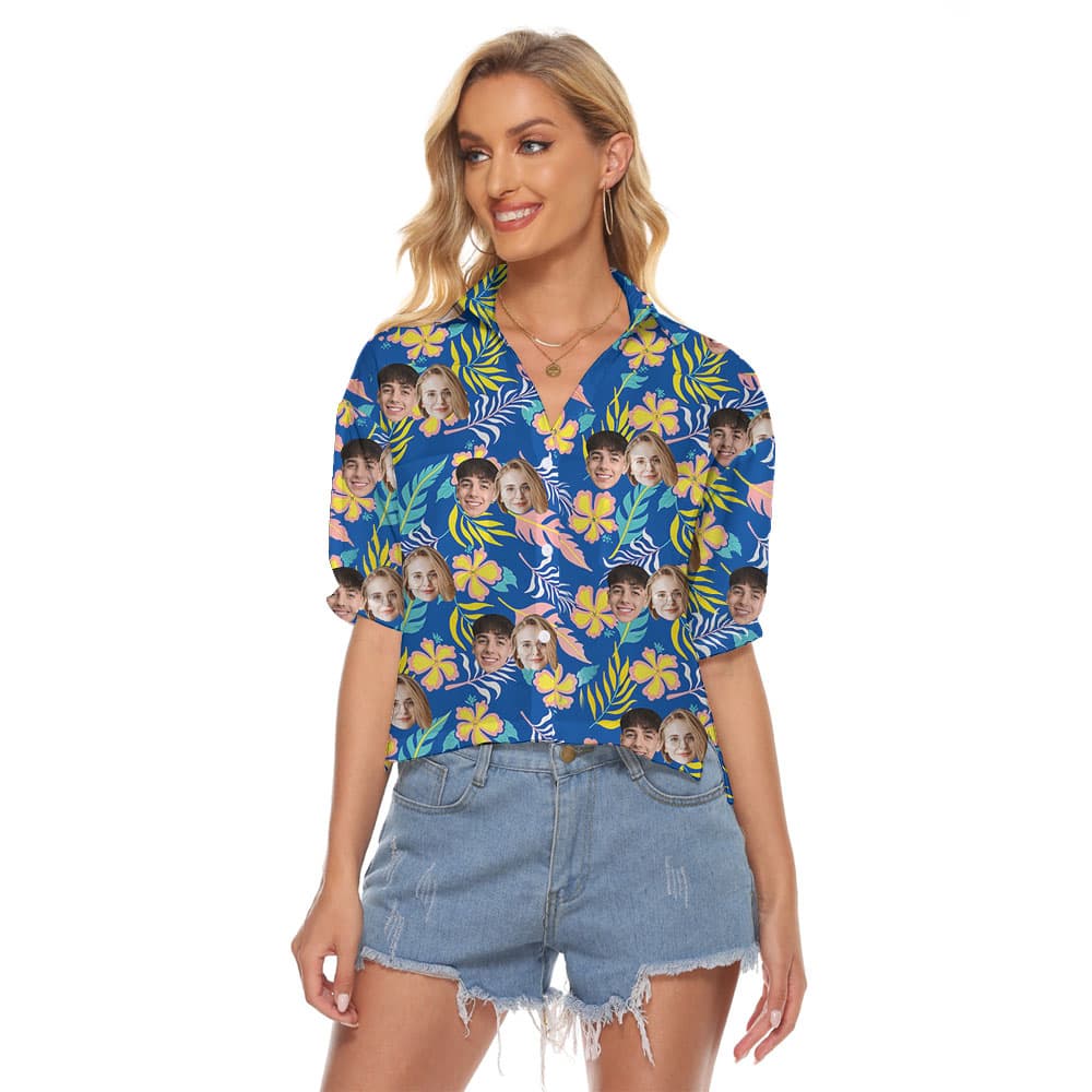 Custom Face Women’s Crop Top With Blue Floral Pattern1