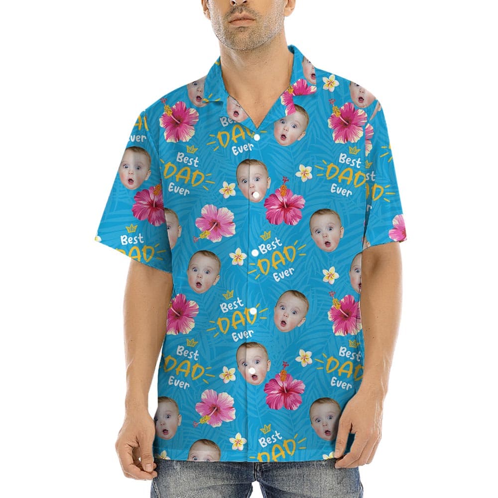 Custom Father's Day Shirt With Kids Faces has a beautiful blue print with hibiscus and custom multiple faces on the shirt, you can put 1-5 kids' face on it