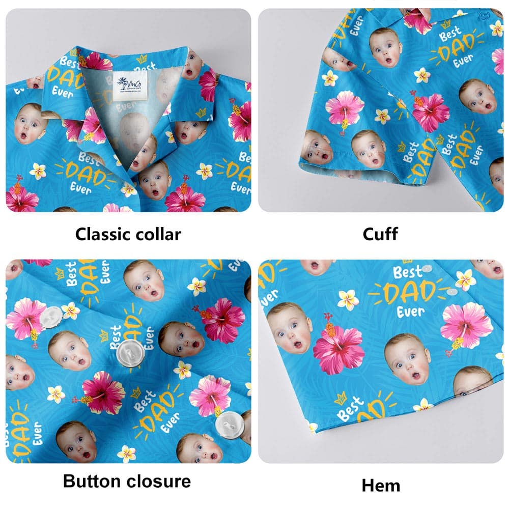 Custom Father's Day Shirt With Kids Faces details with button up, short sleeves and camp collar