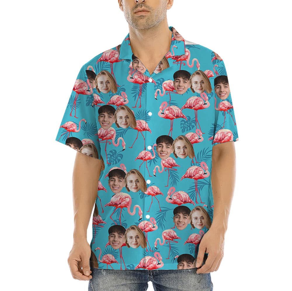 Custom Flamingo Blue Male Hawaiian Shirts With 1-5 Faces