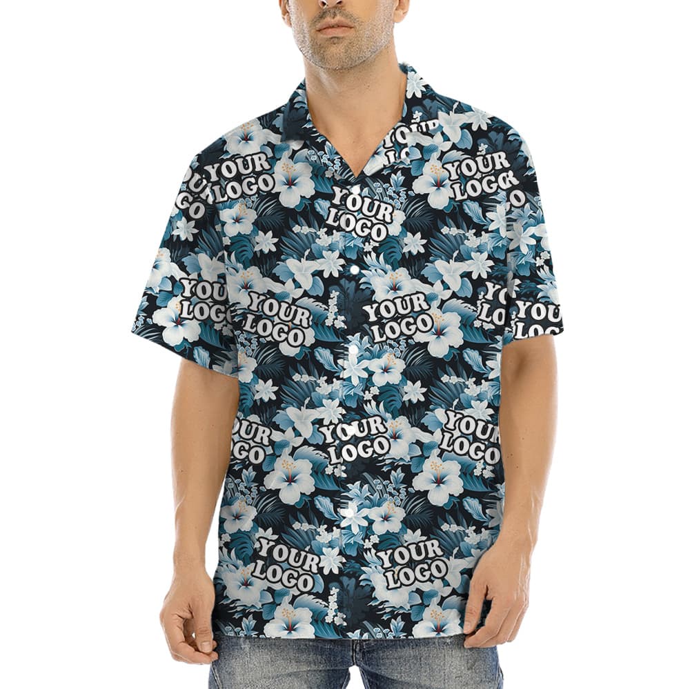 A Button Up Hawaiian Shirt with Custom Logos