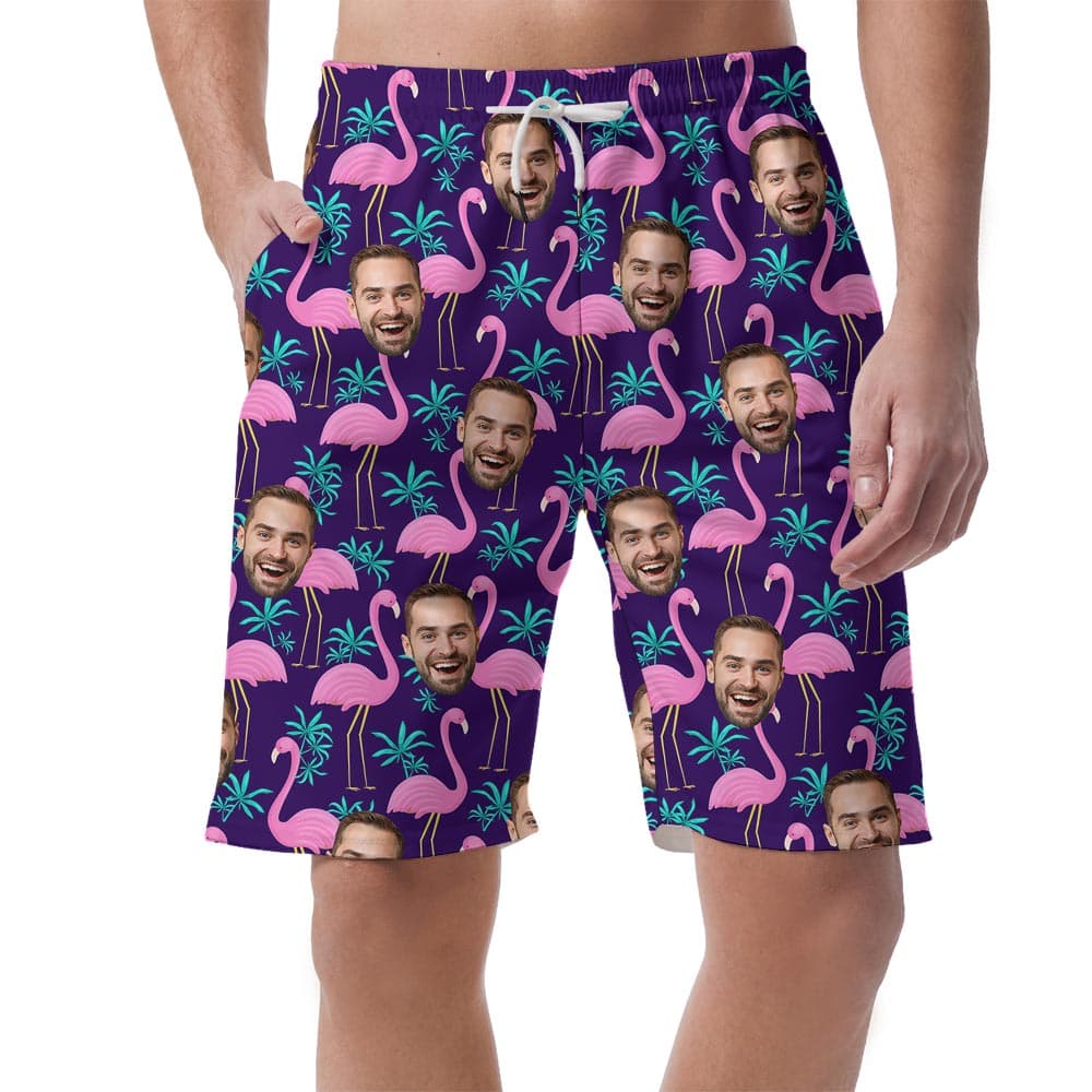 Custom Men's Flamingo Beach Shorts With Different Faces has purple tropical print with flamingo print, customizable with different photos