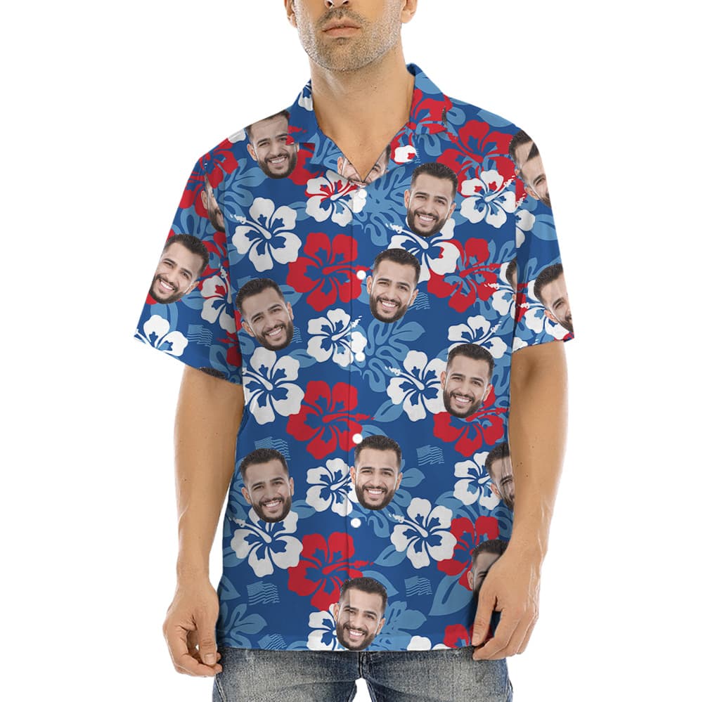 Custom Multiple Faces Floral Blue Hawaiian Shirt Theme 4th Of July (5)