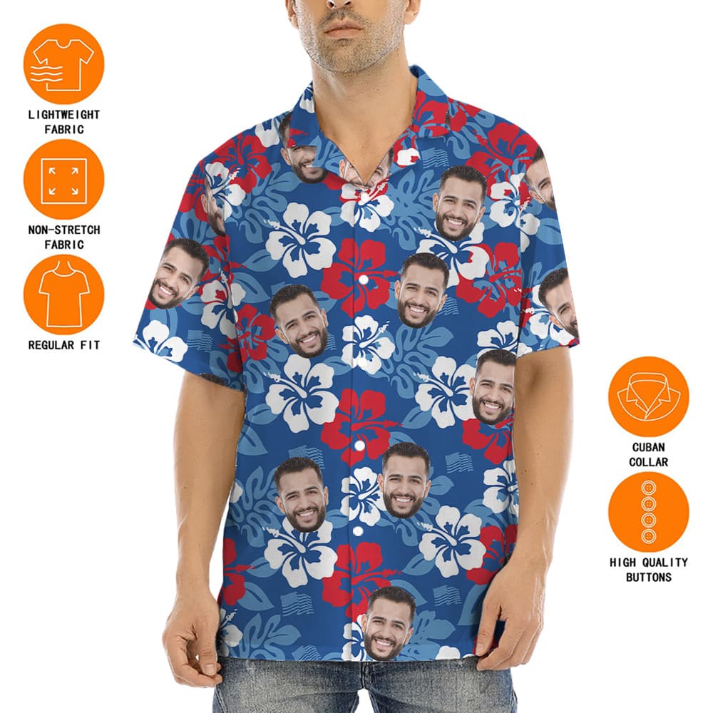 Custom Multiple Faces Floral Blue Hawaiian Shirt Theme 4th Of July