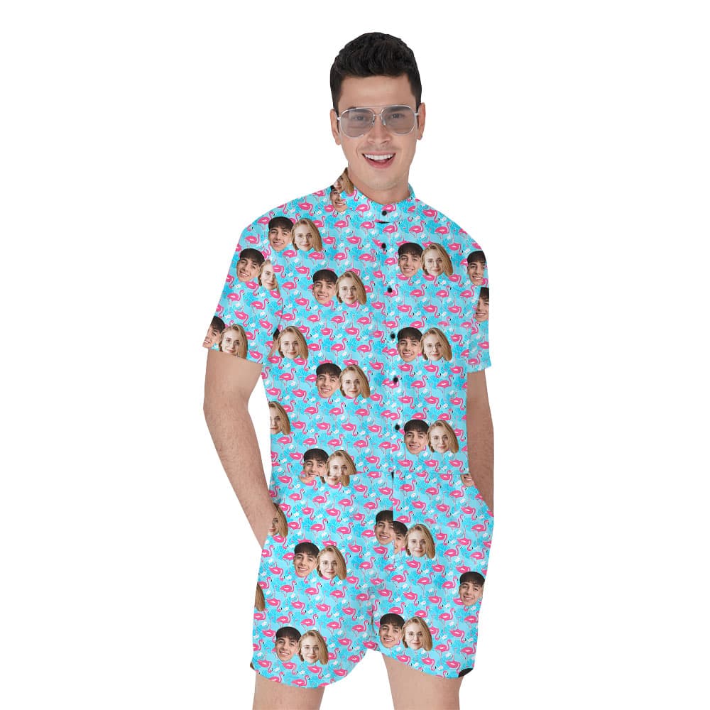 Custom Picture Men's RompHim Blue With Flamingo1