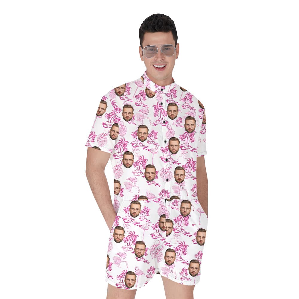 Custom Pink Male's Romper With Flamingo And Beach1
