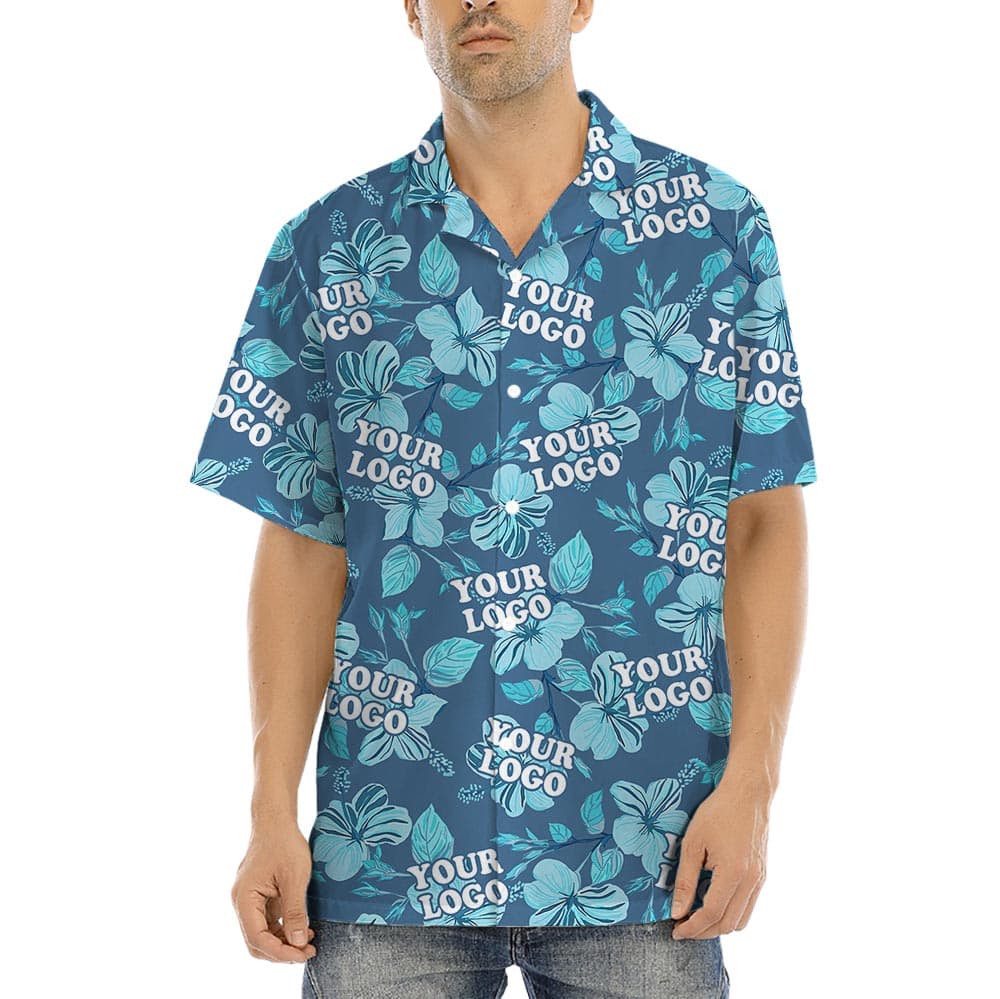 Custom Team Shirt With Blue Hawaiian Hibiscus Print has an attractive blue floral print with custom logo option, very unique in the crowd