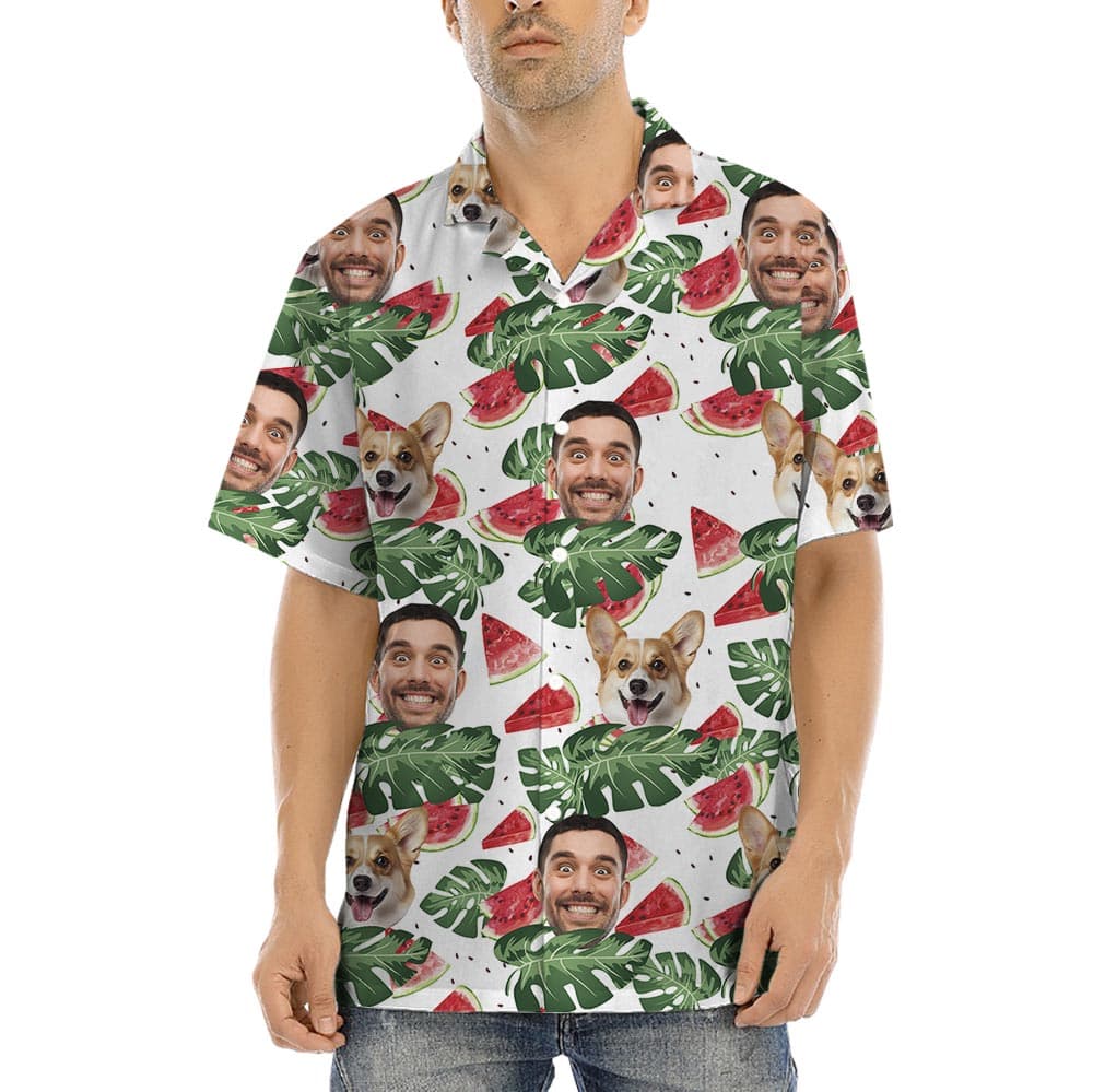 Custom Watermelon Printed Hawaiian Shirts With Your Photo is a button up style with short sleeves, perfect for summer vacation and a funny gift too