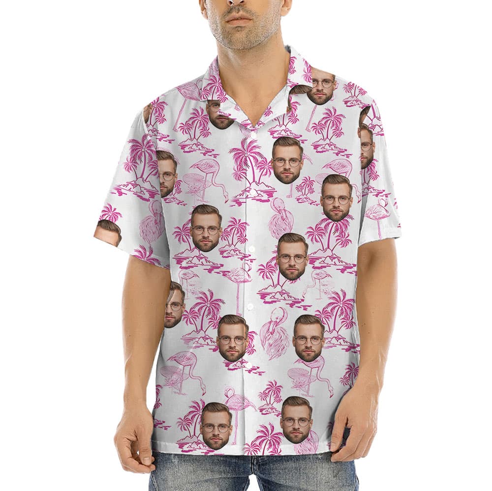Flamingo Beach Themed Button Up Shirt With 1-4 Faces1