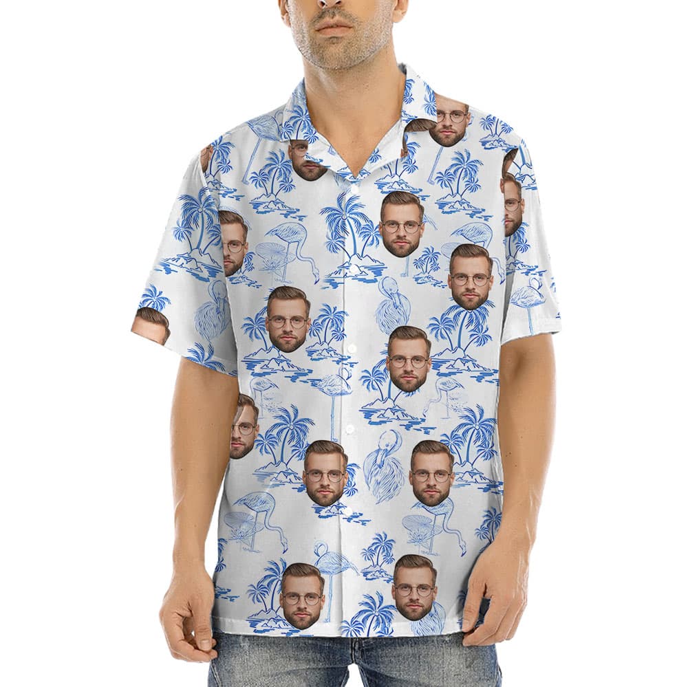 Flamingo Palm Blue Hula Shirt With 1-4 Faces1