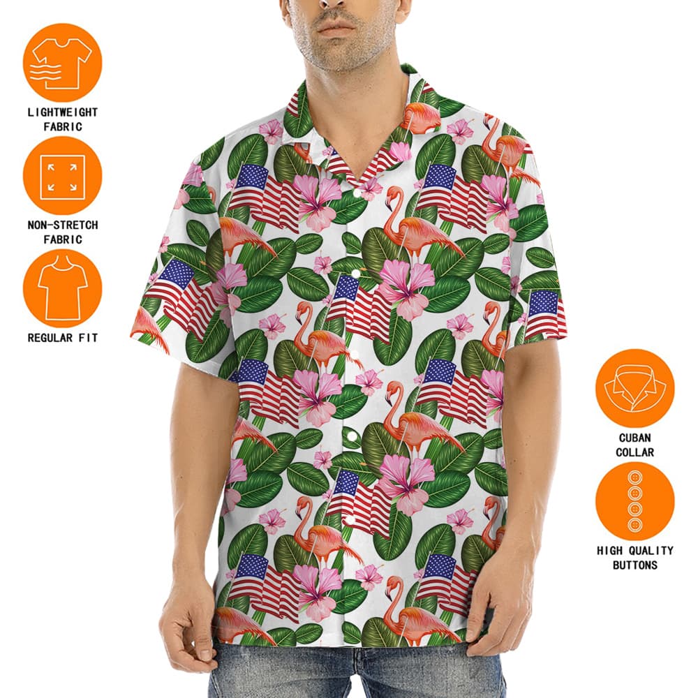 Flamingo With American Flag 4th Of July Tropical Hawaiian Shirt