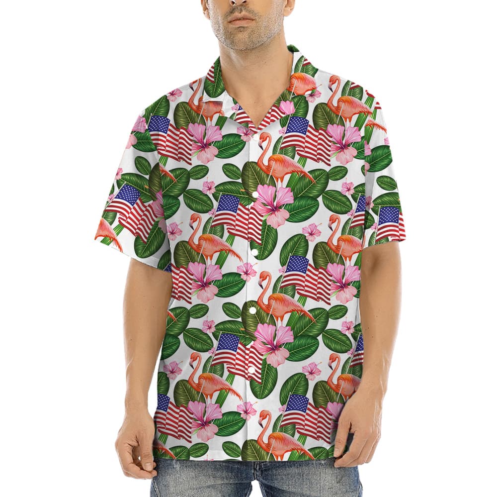 Flamingo With American Flag 4th Of July Tropical Hawaiian Shirt (3)