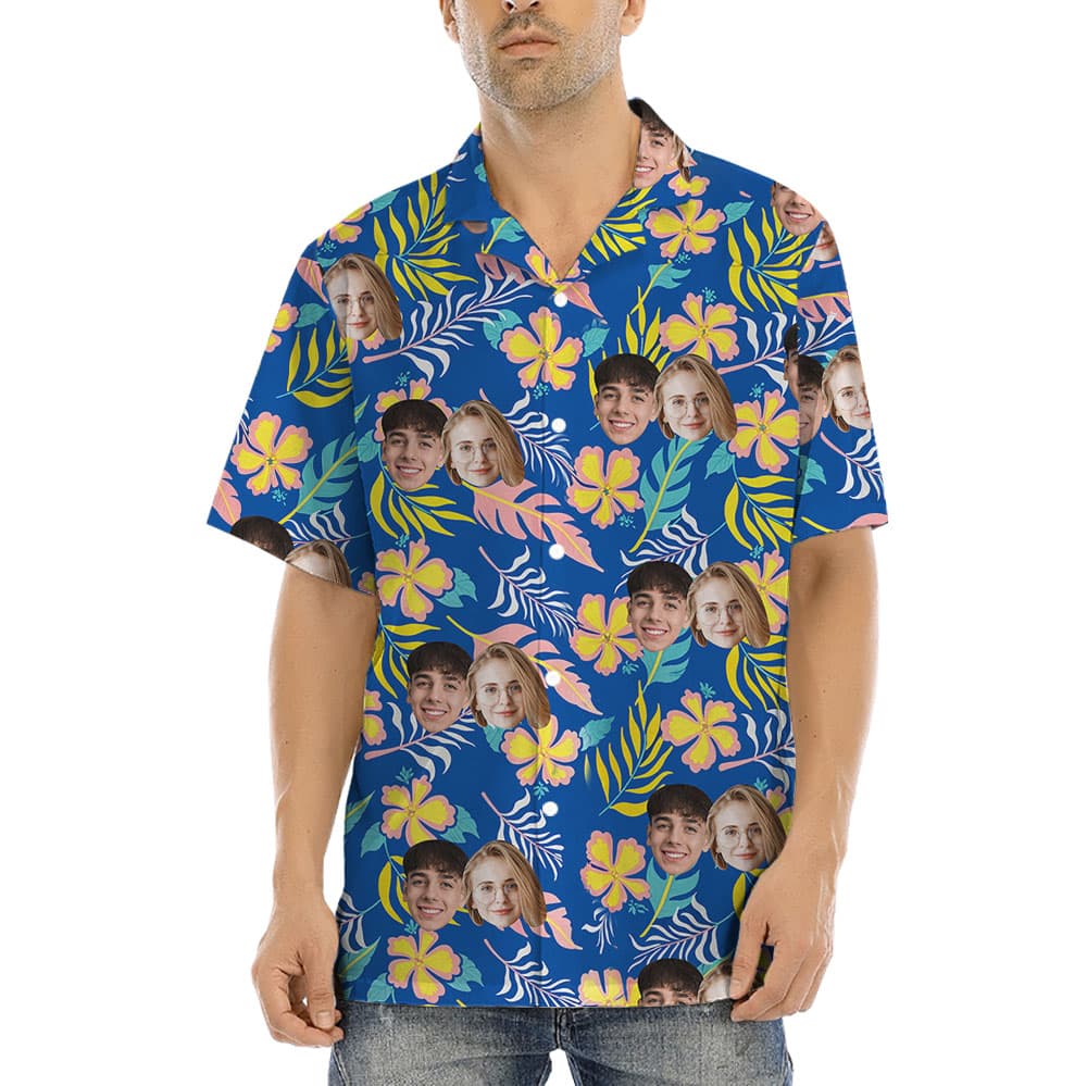 Floral Blue Personalized Hawaiian Shirt With 1-4 Faces1
