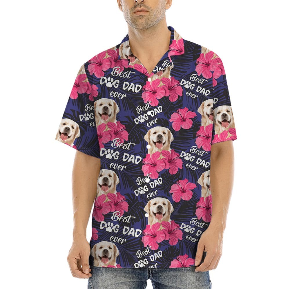 Floral Dog Dad Men's Aloha Shirt With Custom Pet has a tropical floral pattern with custom photo of your pet, looking so fun with the proud text BEST DOG DAD EVER