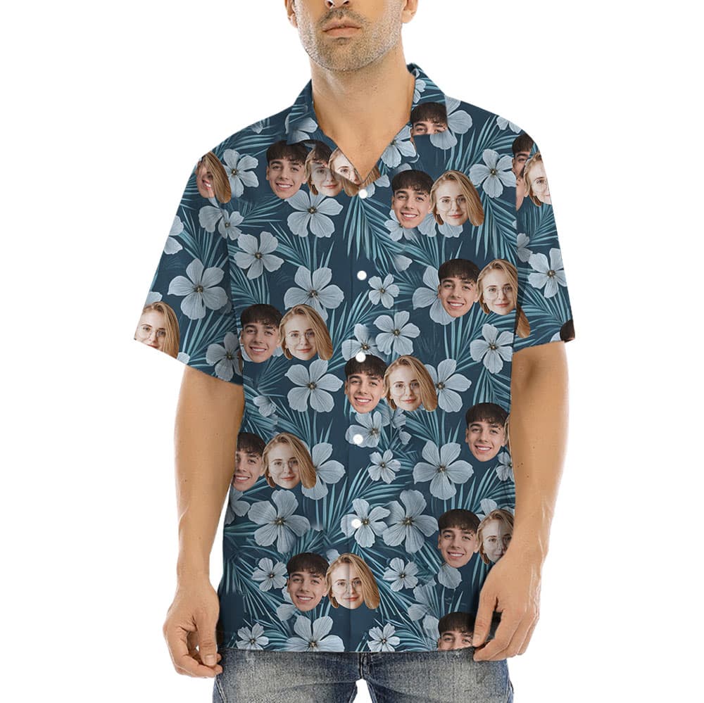 Floral Navy Custom Hawaiian Shirt With 1-5 Faces1