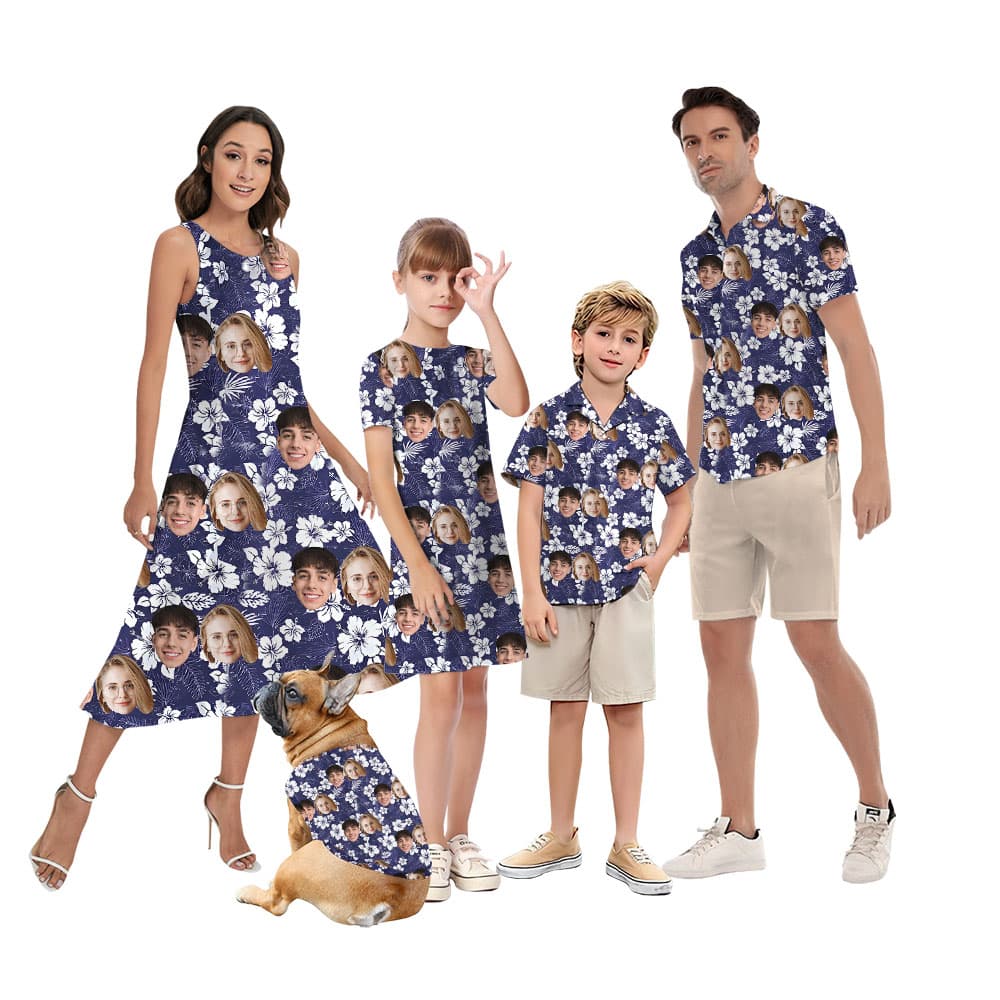 Floral Navy Matching Couples Hawaiian Clothing With Faces1