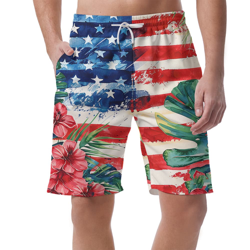A Men Short with America Flag mix Tropical Leaves and Floral