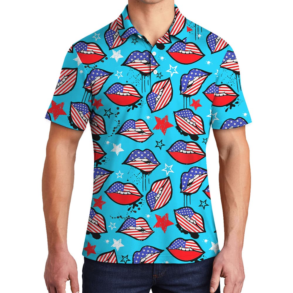 Funny 4th Of July American Sexy Lips Men's Polo Shirt