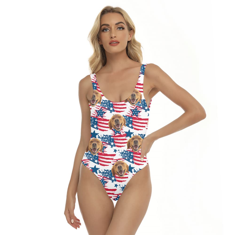 Funny 4th Of July Hawaiian Swimsuit With Custom Dog Face