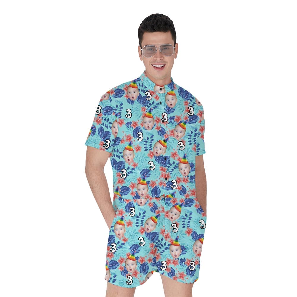 Funny Birthday Party Men's Romper Custom Face has a tropical blue print with custom face and birthday age